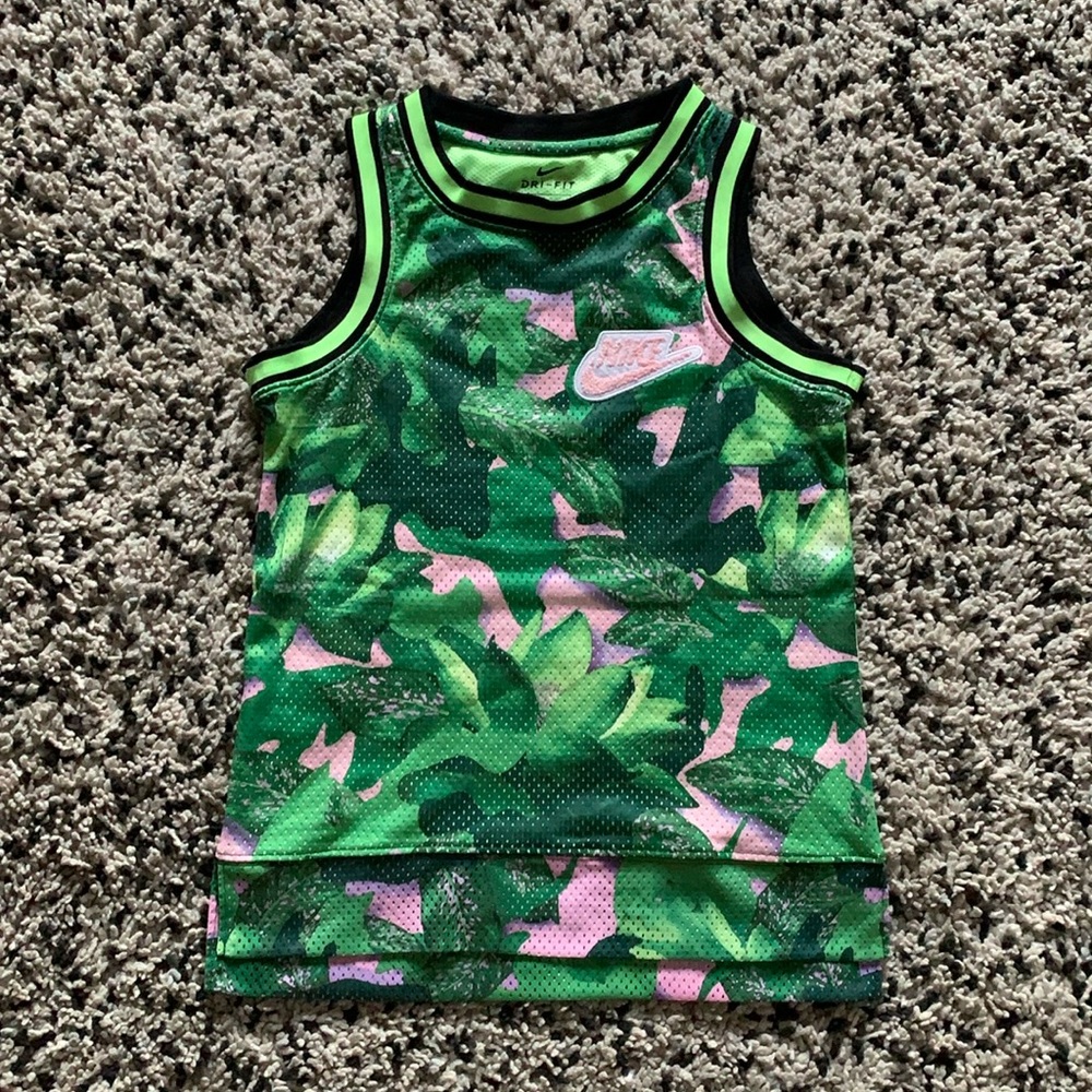 Nike Hoopfly Dri-Fit Green Pink Tropical Basketball Jersey Tank Top Youth Small